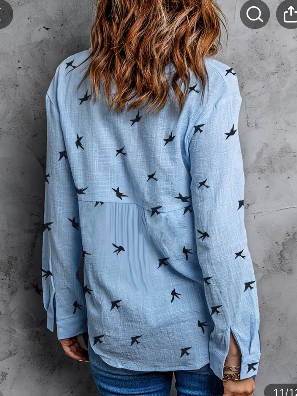 Source Unknown Light Blue Button-Down Top with Black Bird Print - Picture 2 of 5